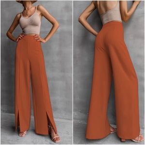 Classic Rust Orange Wide Leg Slit Hem Pants Minimalist